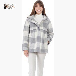 Faux Wool Plaid Coat with Hood and Zip Front, 28 Inch Mid-Length